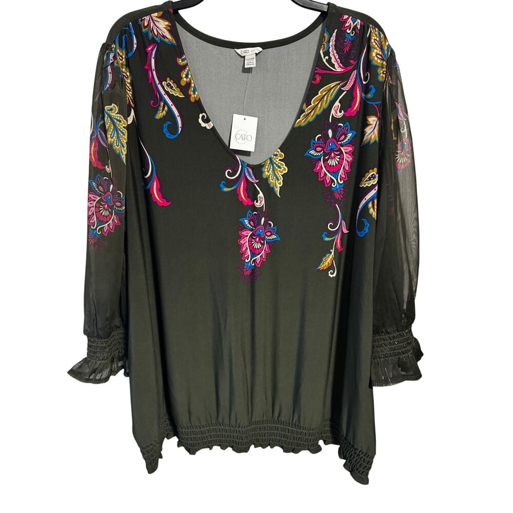 Cato 22/24W Olive Embroidered Floral Sheer sleeves Smocked cuff & hem BOHO